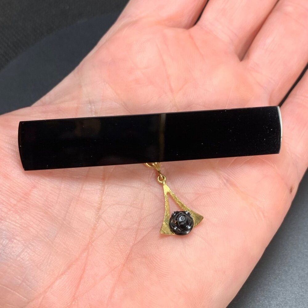 14K Yellow Gold  Antique Black Onyx Mourning Brooch w/ Flower Pendant 2.5" Long